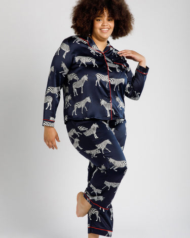 Satin Navy Zebra Long Pyjama Set